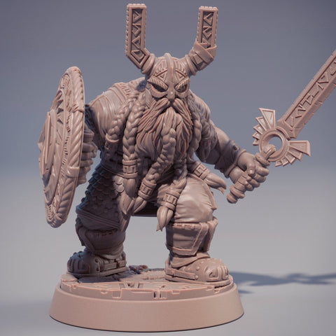 Dwarf Fighter Sword and Shield Miniature | | Dungeons and Dragons | 28mm, 32mm,54mm, 75mm, 100mm Scales | Pathfinder | Figure for Painting