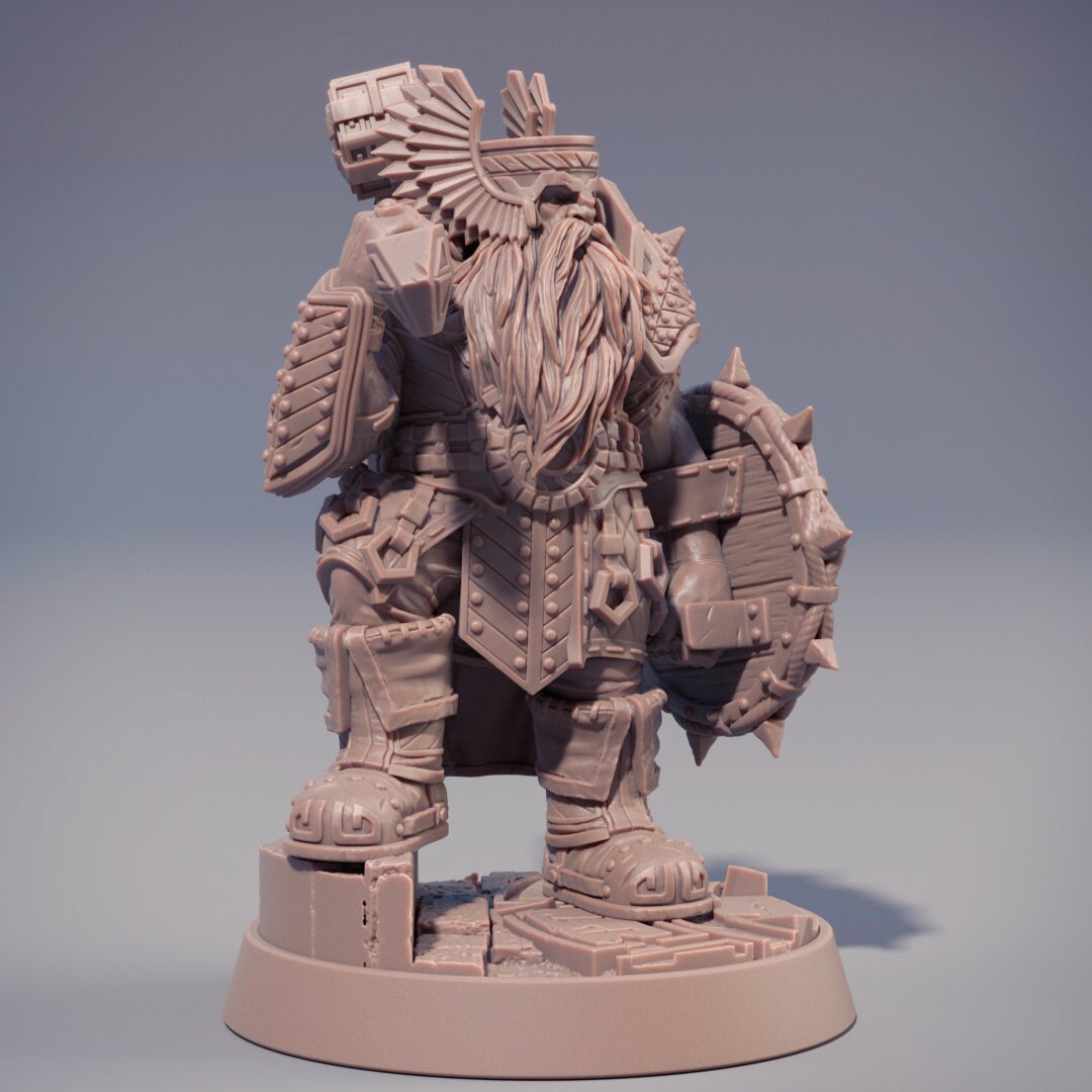Dwarf Fighter | Dwarf | Hammer &amp; Shield | Dungeons and Dragons | 28mm, 32mm, 54mm,75mm,100mm Tall Pathfinder | Figure for Painting