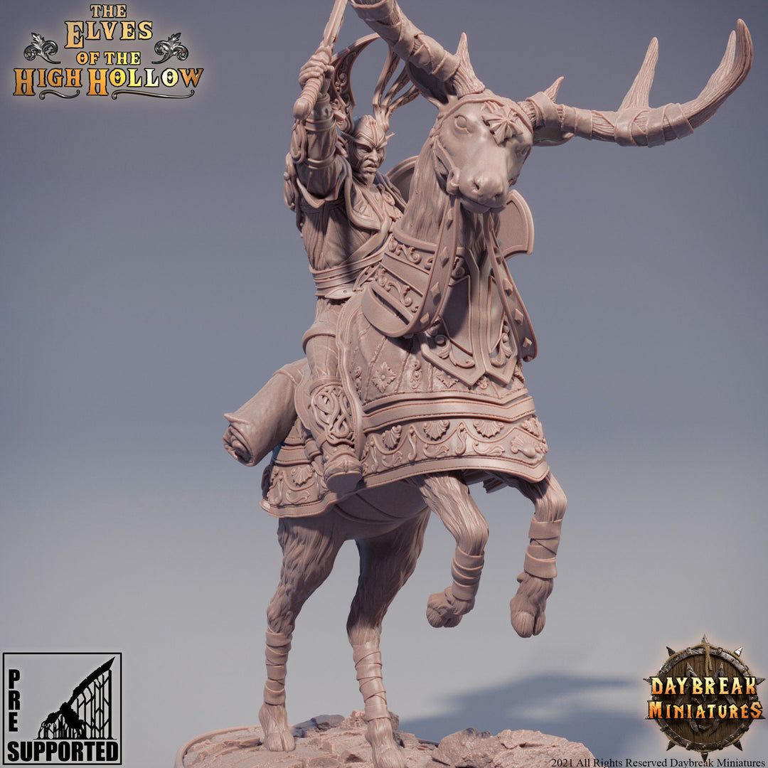 Wood Elf Fighter Mounted on Stag| Miniature | 28mm Scale | 32mm Scale |54mm | 75mm Scale | Pathfinder | DnD | Elf Figurine unpainted |
