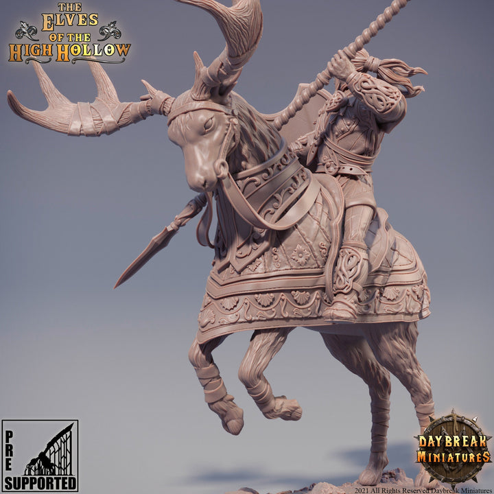 Wood Elf Fighter Mounted on Stag| Miniature | 28mm Scale | 32mm Scale | 75mm Scale | Pathfinder | DnD | Elf Figurine unpainted |