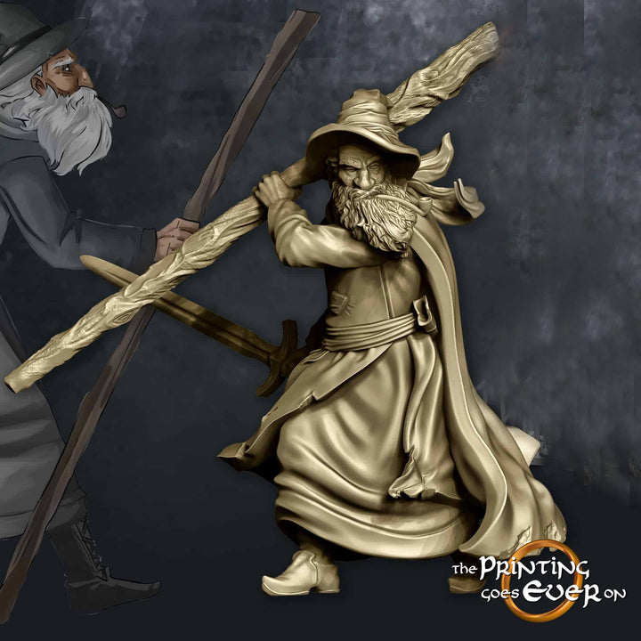 Human Mage Fighting w/ Staff and Walking | Miniature |28mm| 32mm|54mm|75mm|100mm Pathfinder Figure | DnD | Human Wizard Figurine unpainted |