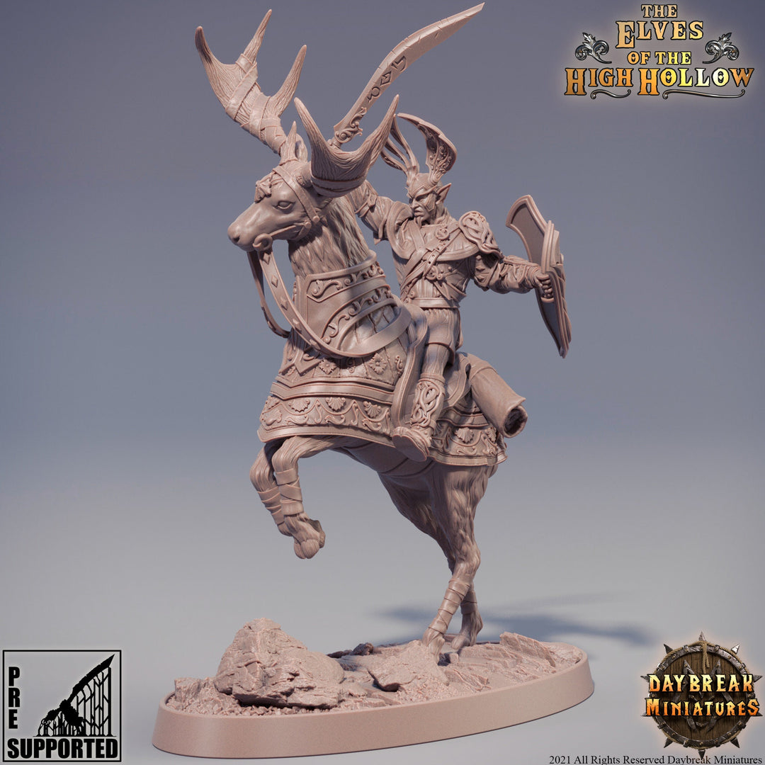 Wood Elf Fighter Mounted on Stag| Miniature | 28mm Scale | 32mm Scale |54mm | 75mm Scale | Pathfinder | DnD | Elf Figurine unpainted |