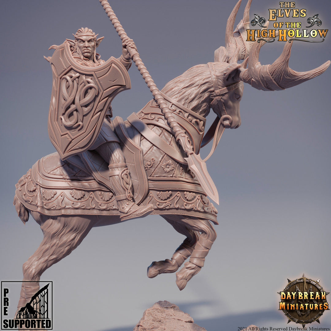 Wood Elf Fighter Mounted on Stag| Miniature | 28mm Scale | 32mm Scale | 75mm Scale | Pathfinder | DnD | Elf Figurine unpainted |
