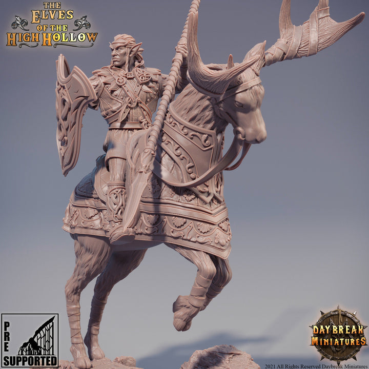 Wood Elf Fighter Mounted on Stag| Miniature | 28mm Scale | 32mm Scale | 75mm Scale | Pathfinder | DnD | Elf Figurine unpainted |