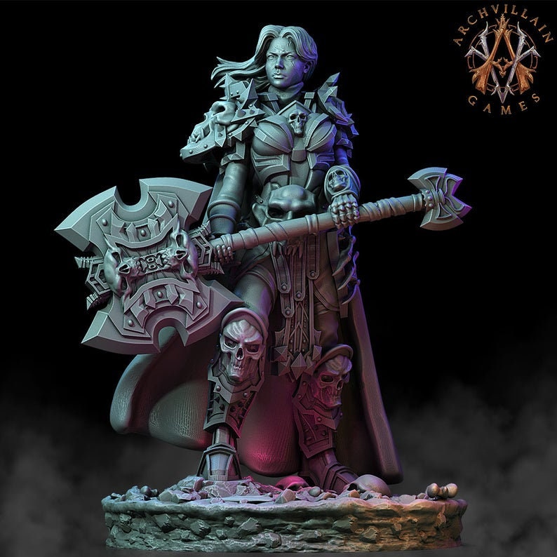 Oathbreaker Female Paladin Chaos Knight Unpainted Miniature | 28mm, 32mm Scales | Dungeons and Dragons | Pathfinder | Frostgrave | DnD