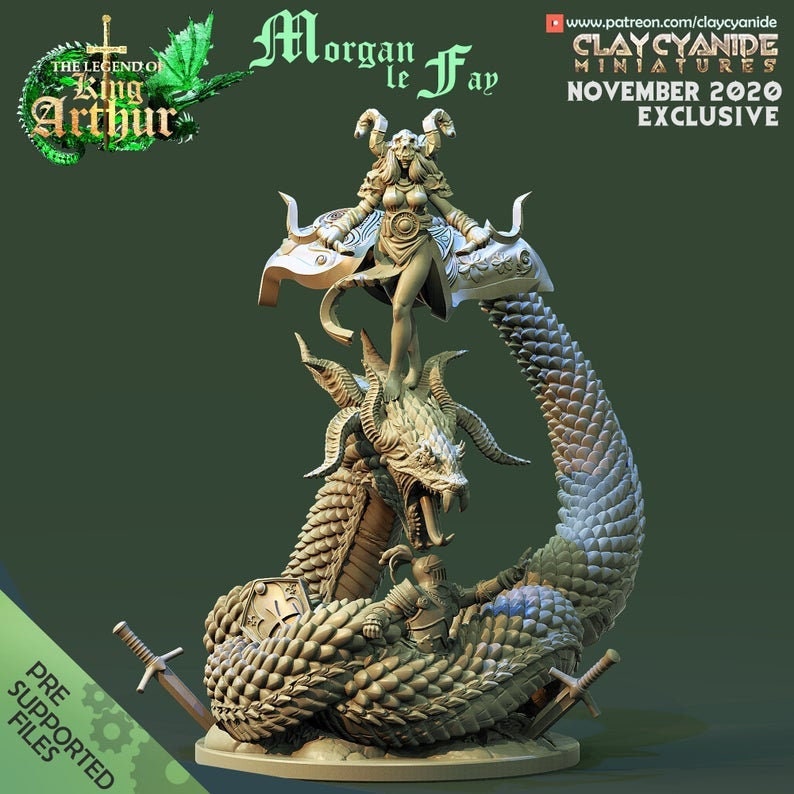 Morgan le Fey- Sorceress on Dragon | 85mm -- 28mm , 32mm Scale | Resin Miniature | Dungeons and Dragons | Pathfinder | Figure for Painting
