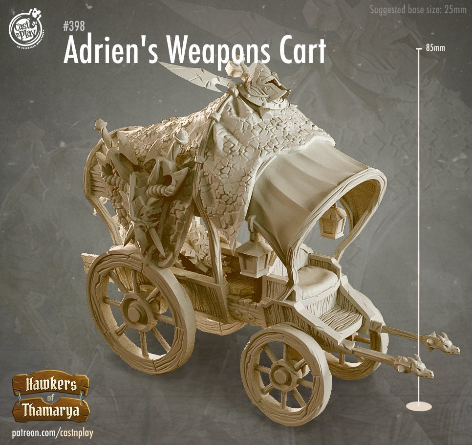 Weapons Dealer Wagon/Cart w/ NPC Dealer mini | 28mm, 32mm, 75mm Scale | Dungeons and Dragons 5e Miniatures | Pathfinder | Figurine | DnD |
