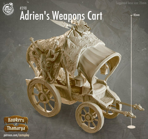 Weapons Dealer Wagon/Cart w/ NPC Dealer mini | 28mm, 32mm, 75mm Scale | Dungeons and Dragons 5e Miniatures | Pathfinder | Figurine | DnD |