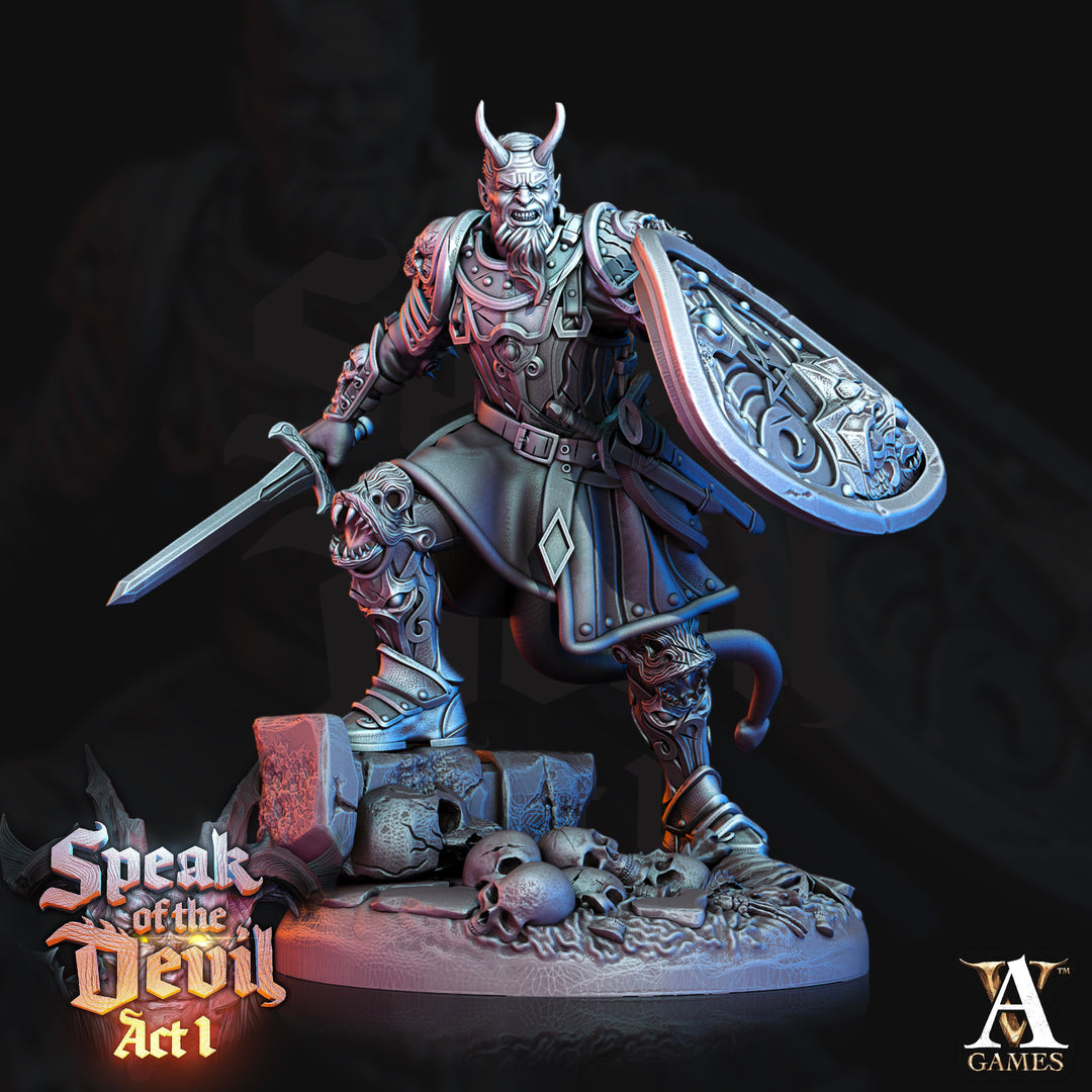 Tiefling Fighter Miniature | 28mm, 32mm, 75mm Scales | Dungeons and Dragons | Pathfinder | Figure for Painting |