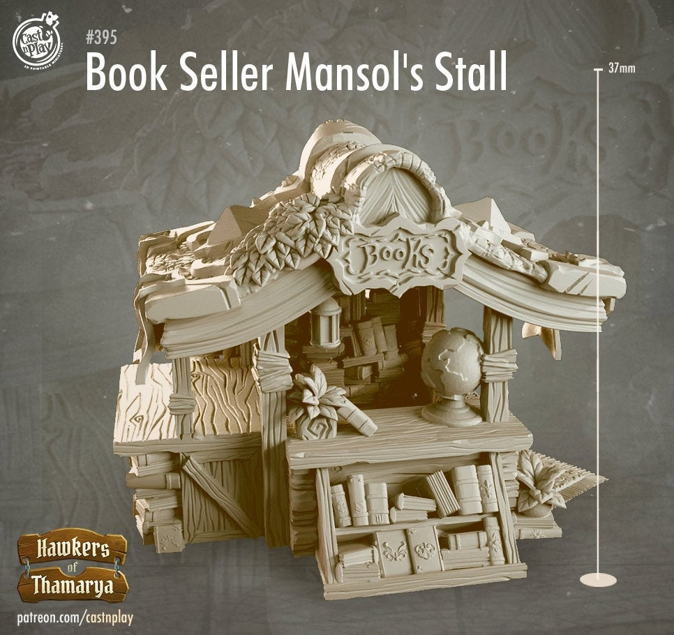 Book Seller Stall w/ NPC Dealer mini | 28mm, 32mm| Dungeons and Dragons 5e Miniatures | Pathfinder | Figurine | DnD |
