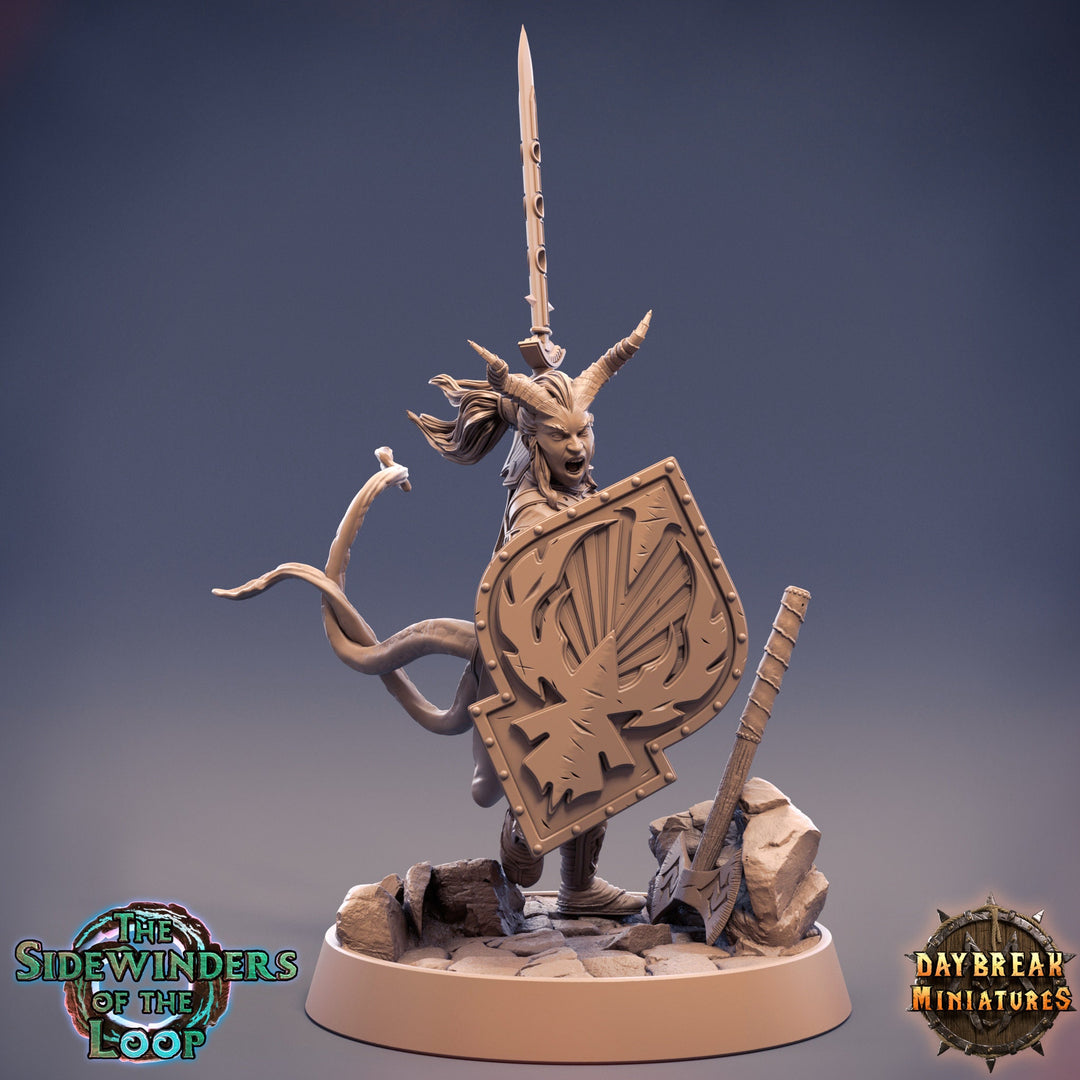 Tiefling Female Fighter Shield Master | 28mm, 32mm, 75mm Scale Resin Miniature | Dungeons and Dragons | Pathfinder | Strahd