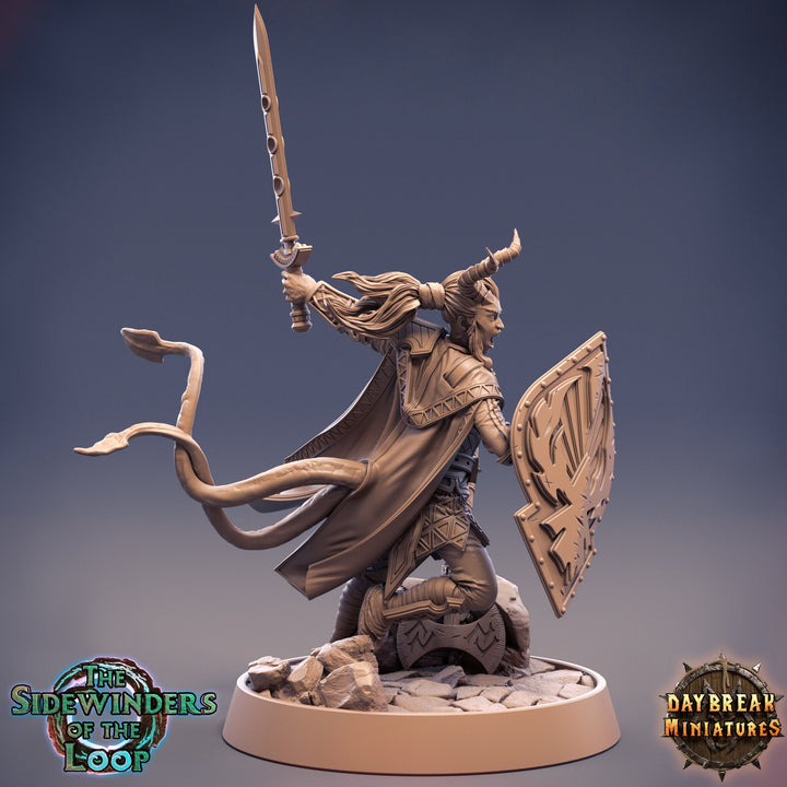 Tiefling Female Fighter Shield Master | 28mm, 32mm, 75mm Scale Resin Miniature | Dungeons and Dragons | Pathfinder | Strahd