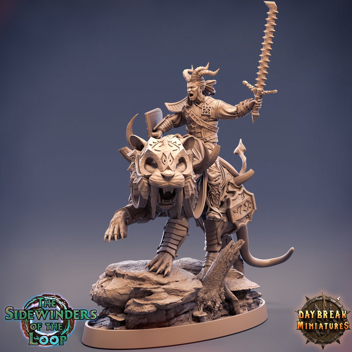 Tiefling Fighter mounted on Giant Feline | Dungeons and Dragons 5e Miniature | 28mm Scale | 32mm Scale | 75mm Scale | Pathfinder |
