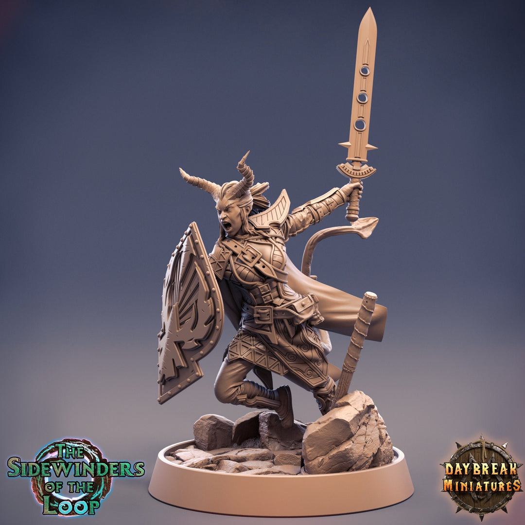 Tiefling Female Fighter Shield Master | 28mm, 32mm, 75mm Scale Resin Miniature | Dungeons and Dragons | Pathfinder | Strahd