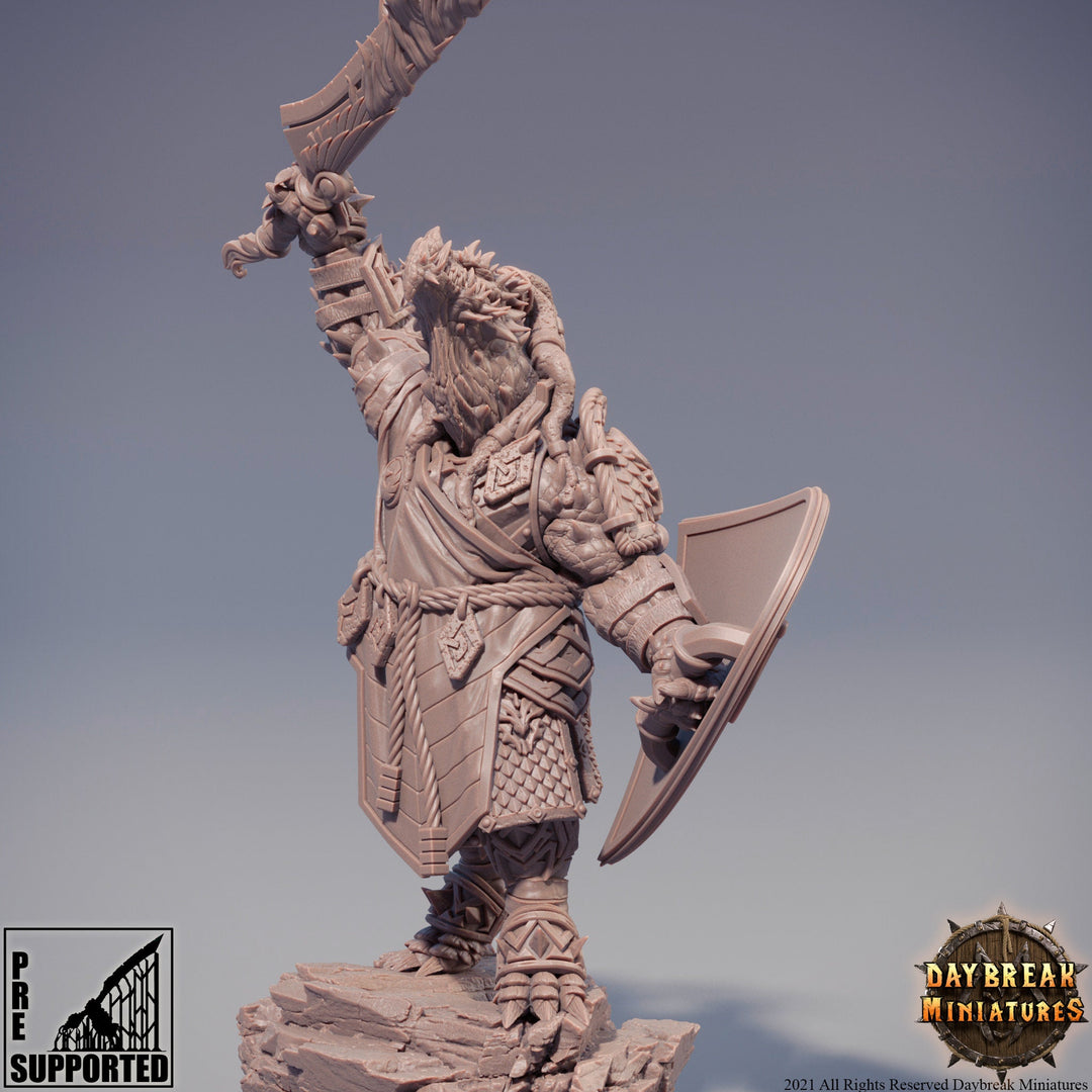 Dragonborn Fighter Flaming Sword &amp; Shield | 28mm, 32mm, 75mm Scale Resin Miniature | Dungeons and Dragons | Pathfinder |