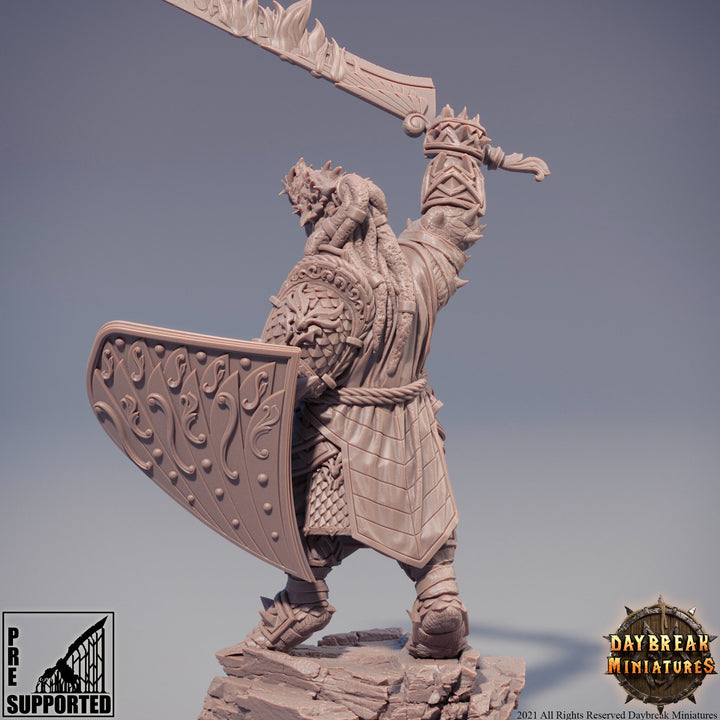 Dragonborn Fighter Flaming Sword &amp; Shield | 28mm, 32mm, 75mm Scale Resin Miniature | Dungeons and Dragons | Pathfinder |