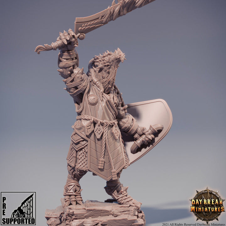 Dragonborn Fighter Flaming Sword &amp; Shield | 28mm, 32mm, 75mm Scale Resin Miniature | Dungeons and Dragons | Pathfinder |