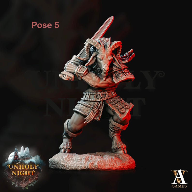 Goatmen (5 Variations) | Available in 28mm,32mm,54mm, 75mm, 100mm Scales Miniature | D and D | Pathfinder | Goat-Man | Archvillain Games