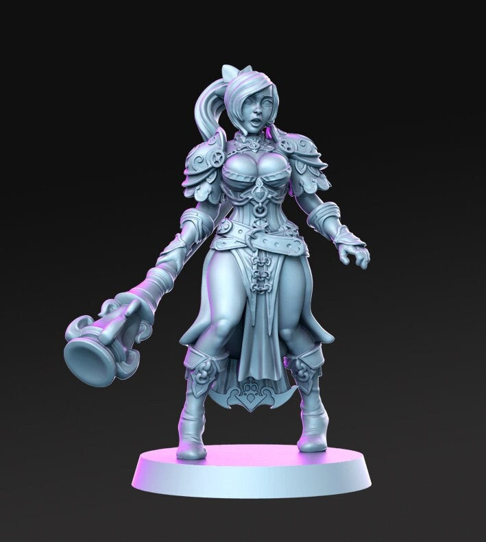 Pinup Sexy Female Fighter with Mace | 28mm Scale | 32mm Scale Miniature | 75mm Scale | - Minis - D&D - Pathfinder - Unpainted mini