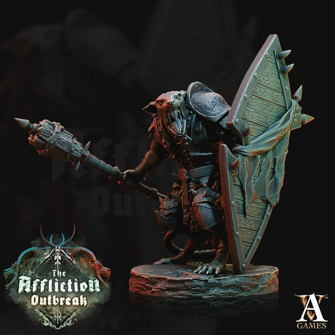 Wererat in Heavy Armor Mace and Shield | Resin Miniature | D and D | 28mm /32mm/54mm/75mm/100mm Scales | Pathfinder ratfolk | D&D 5e |
