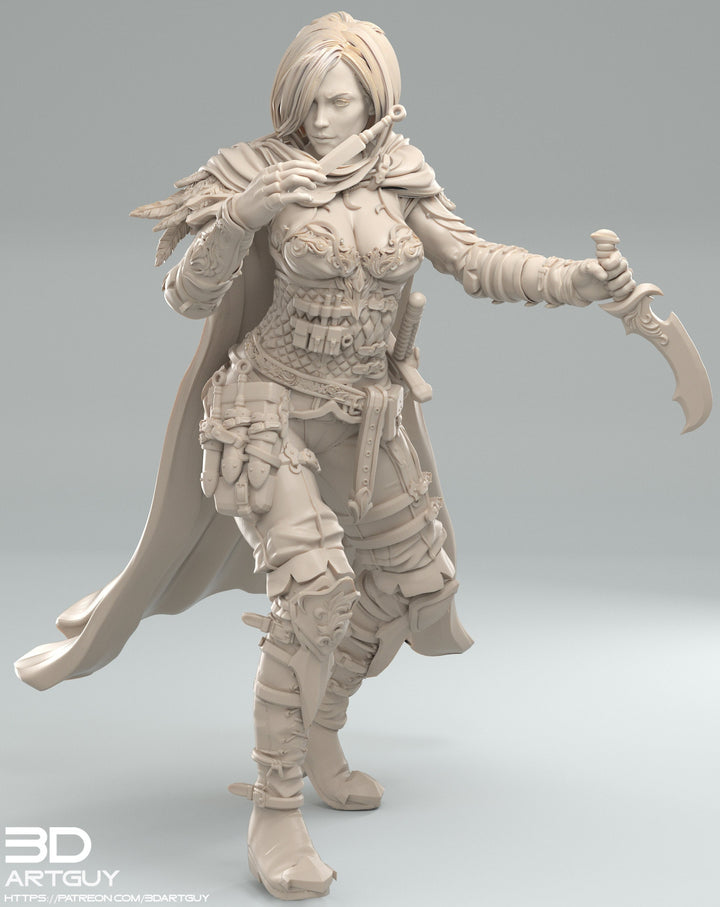 Pinup Female Human Assassin Rogue Sneaking PC or NPC | 28mm, 32mm Scales also 50mm and 100mm | Dungeons and Dragons | Pathfinder | 3dArtGuy