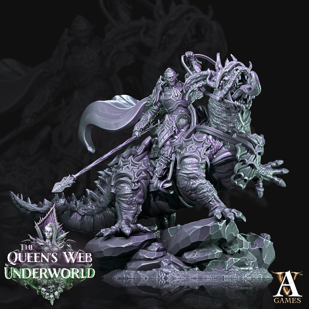 Mounted Dark Elf Fighter on Riding Lizard | 28mm and 32mm scale| DnD 5e Miniature | Drow Rider | Dungeons and Dragons| Pathfinder