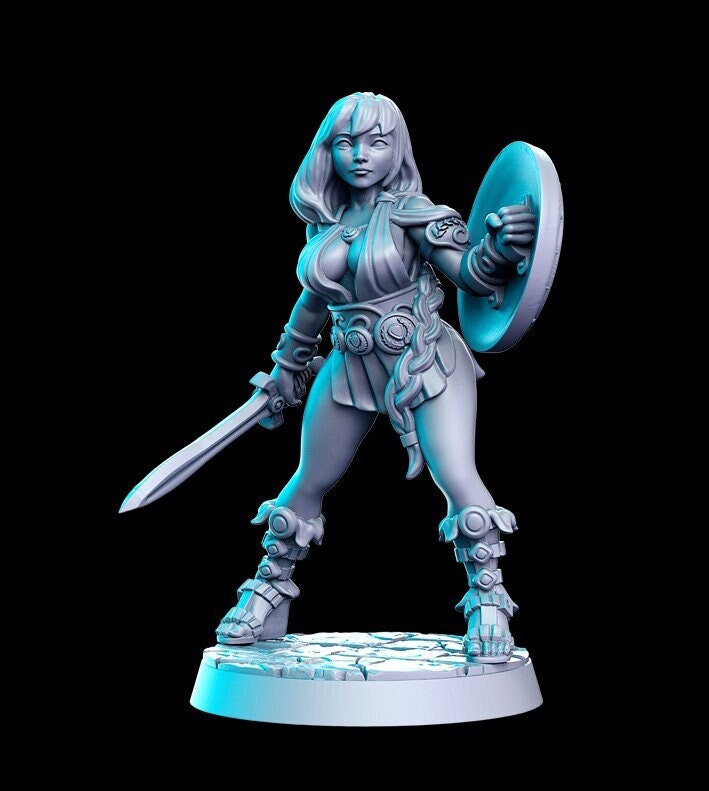 Pinup Sexy Female Fighter with Sword and Shield | 28mm Scale | 32mm Scale | 75mm Scale Miniature - Minis - D&D 5e - RN Estudio