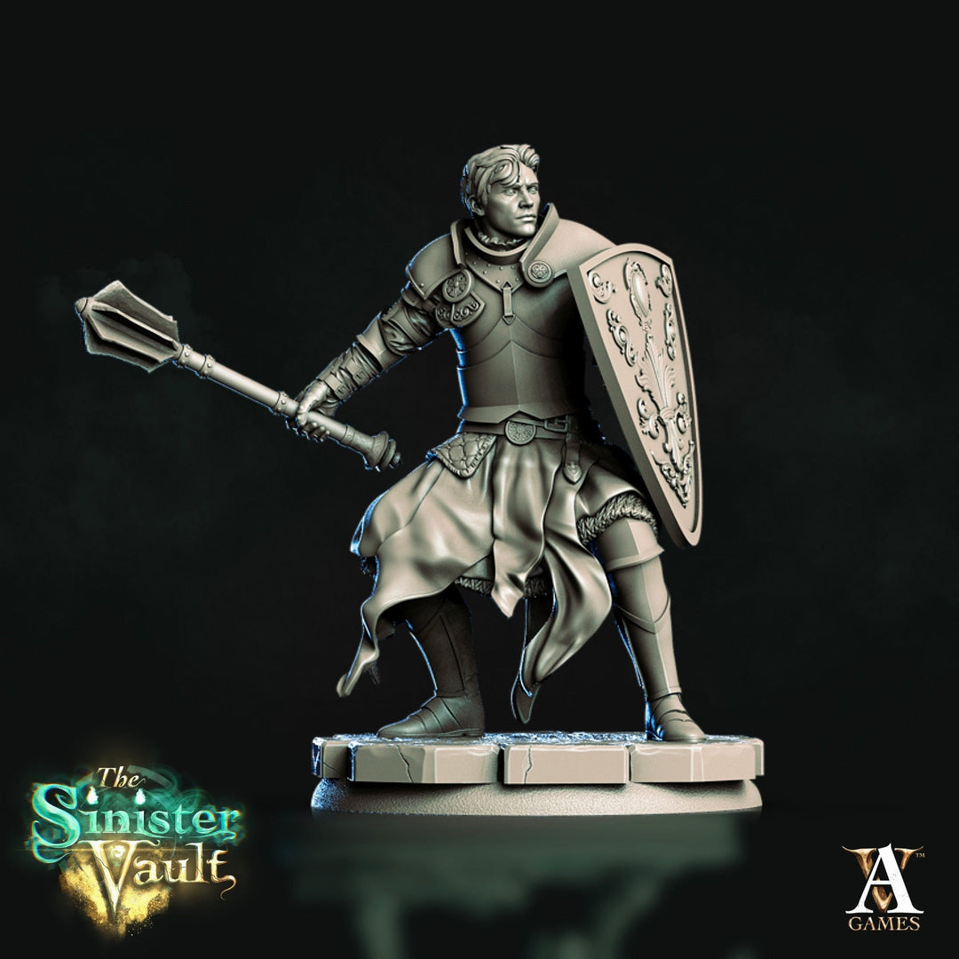 Human Cleric Paladin Mace and Shield Unpainted Miniature | 28mm, 32mm,54mm, 75mm, 100mm Scales | Dungeons and Dragons | Pathfinder | DnD