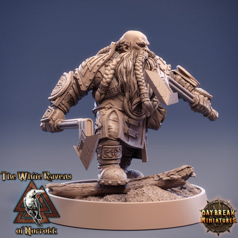 Dwarf Fighter 2 Hand Axes Miniature|Dungeons and Dragons|28mm,32mm,54mm, 75mm, 100mm Scale|Pathfinder Mini for Painting |Daybreak Miniatures