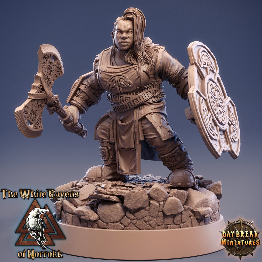 Female Dwarf Fighter | Dungeons and Dragons | 28mm,32mm,54mm, 75mm, 100mm Scales | Pathfinder Mini for Painting | Daybreak Miniatures