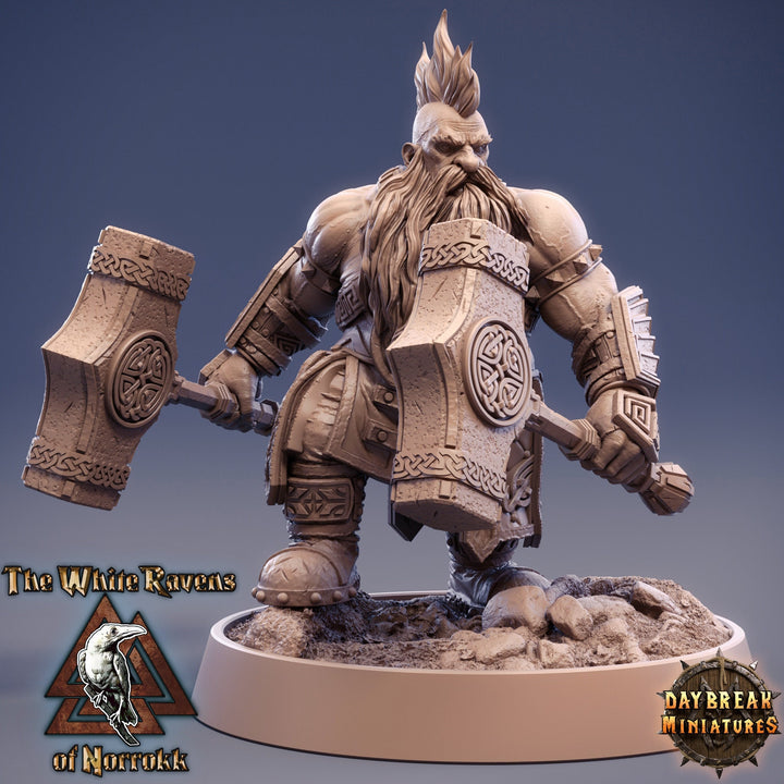 Dwarf Fighter two Hammers Fighting Style | D &amp; D| 28mm,32mm,54mm, 75mm, 100mm Scale | Pathfinder Mini for Painting | Daybreak Miniatures