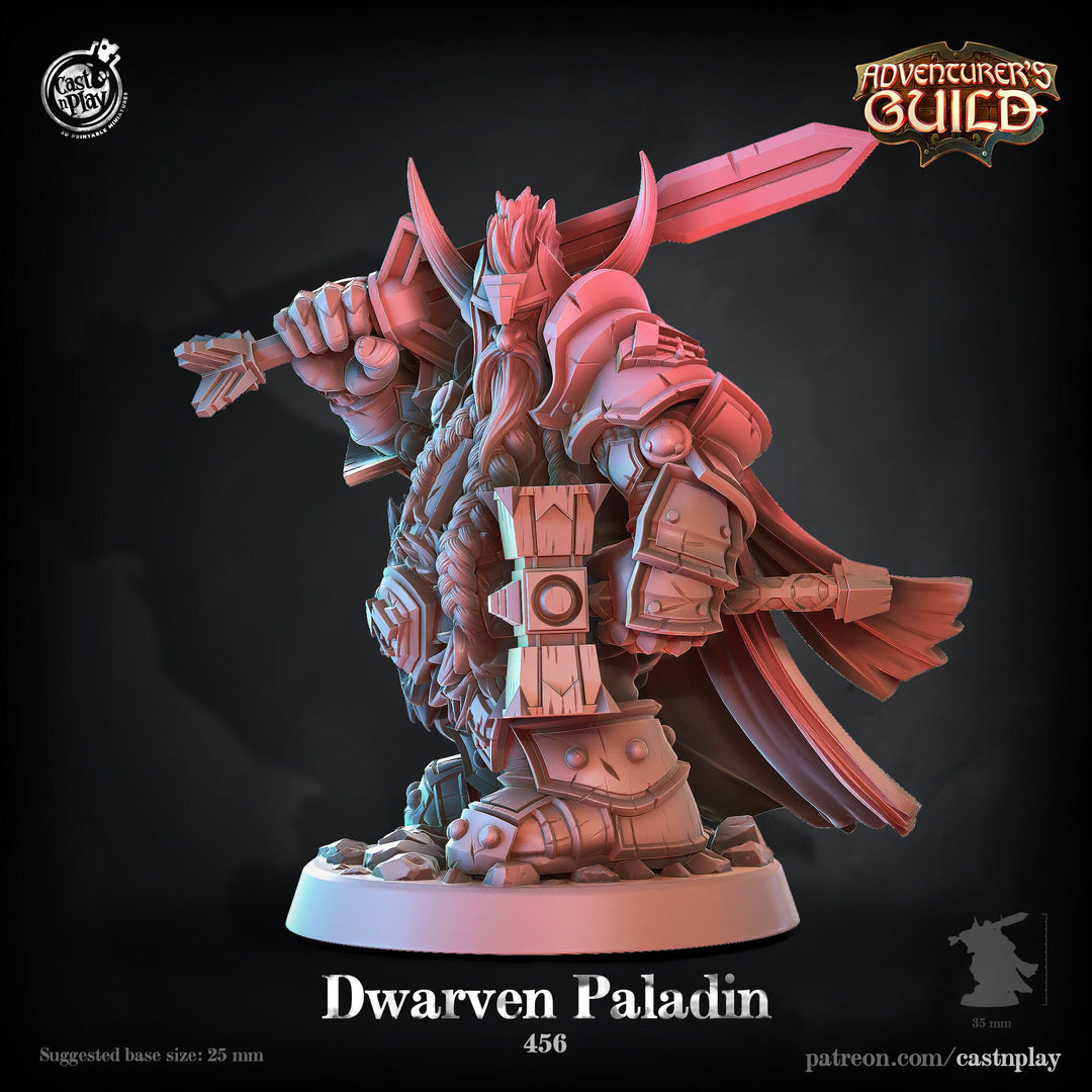Dwarf Paladin Fighter | Hammer & Sword | 28mm, 32mm, 75mm Scale | Dungeons and Dragons 5e Miniatures | Pathfinder | Figurine | DnD Mini |