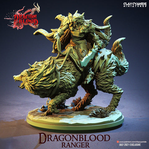 Dragonborn Ranger Fighter mounted on Giant Wolf | 28mm, 32mm, 75mm Scale Resin Miniature | Dungeons and Dragons | Pathfinder | Clay Cyanide