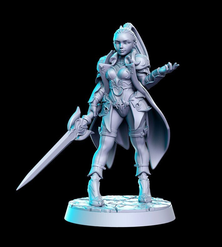 Female Pinup Paladin Fighter | 28mm,32mm,54mm, 75mm, 100mm Scale D and D 5e Miniature Unpainted Figurine D&D Tabletop RPG Fantasy Gaming