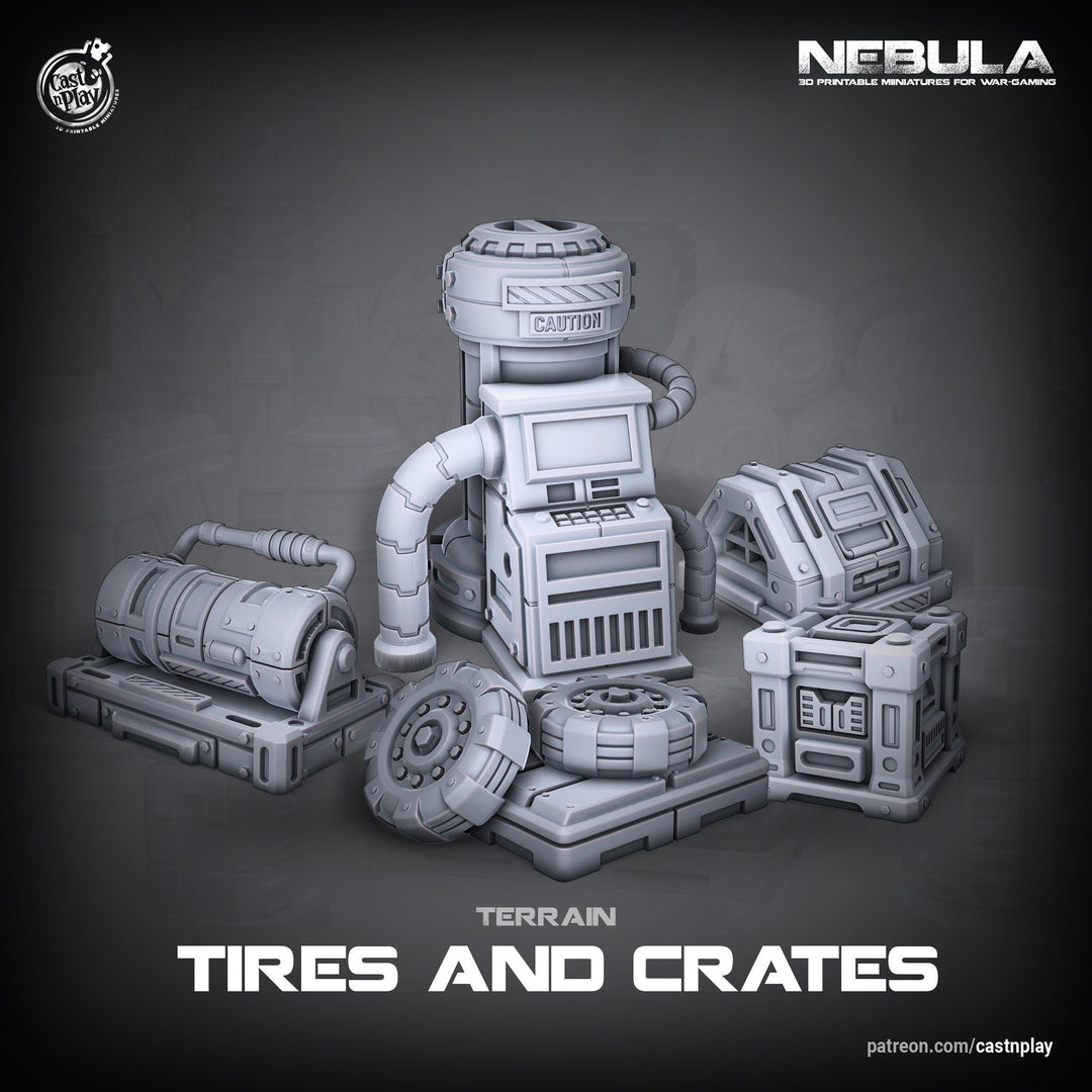 Sci-Fi Terrain Containers and Tires Props | Solid Resin 28mm, 32mm Scales | RPG Tabletop scatter Terrain | Futuristic Wargames