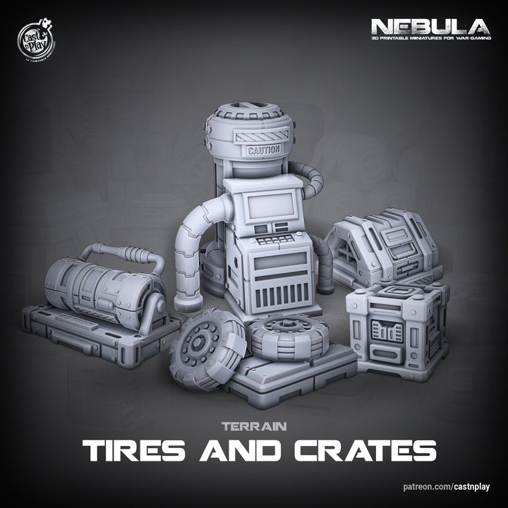 Sci-Fi Terrain Containers and Tires Props | Solid Resin 28mm, 32mm Scales | RPG Tabletop scatter Terrain | Futuristic Wargames