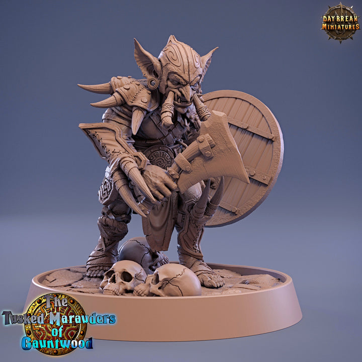 Tusked Goblin Axe &amp; Shield Fighter | DnD Miniatures | Dungeons and Dragons | 28mm, 32mm, 75mm scale| Unpainted Figure| Daybreak Miniatures