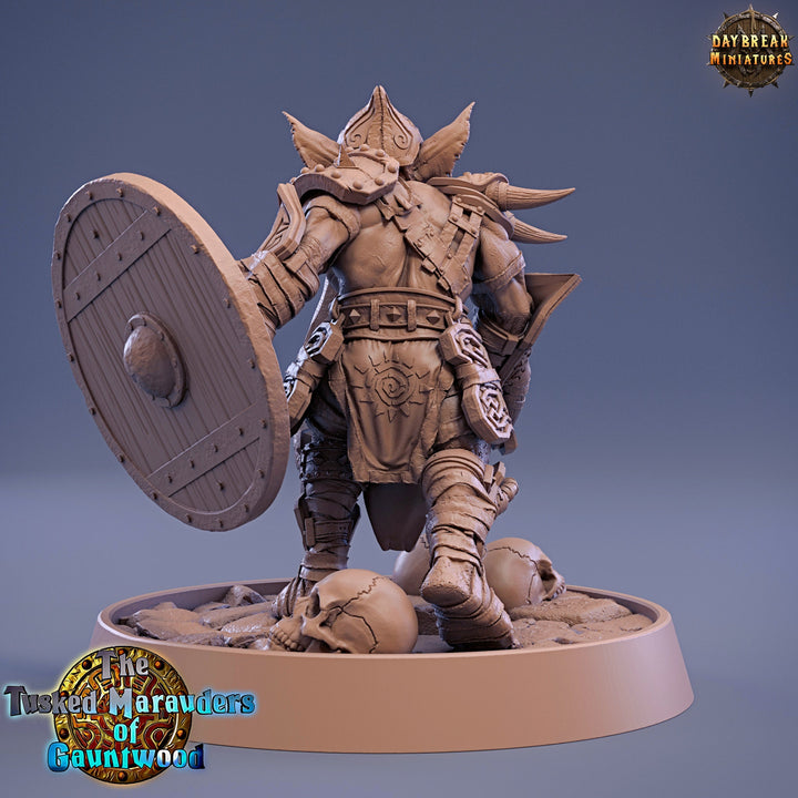 Tusked Goblin Axe &amp; Shield Fighter | DnD Miniatures | Dungeons and Dragons | 28mm, 32mm, 75mm scale| Unpainted Figure| Daybreak Miniatures