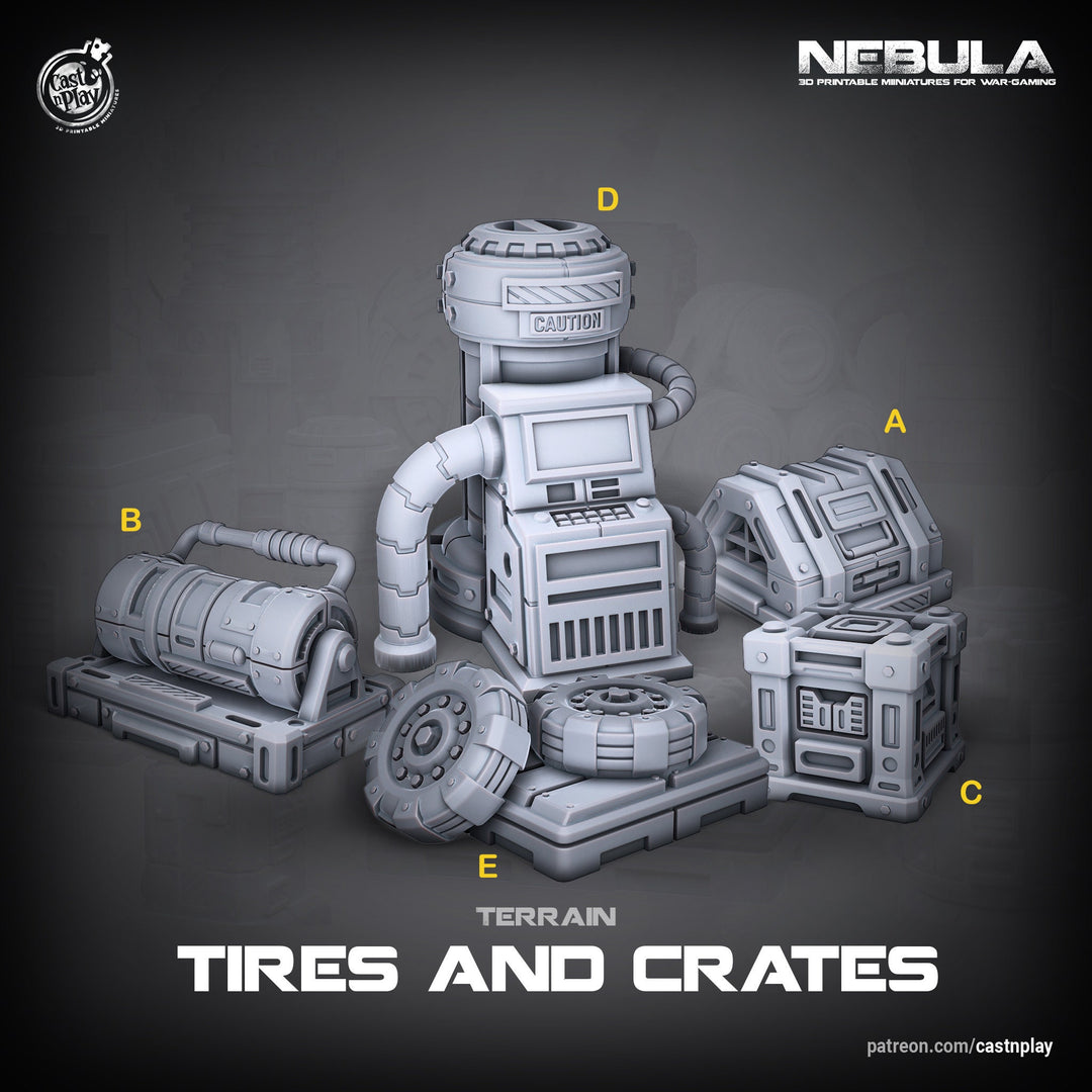 Sci-Fi Terrain Containers and Tires Props | Solid Resin 28mm, 32mm Scales | RPG Tabletop scatter Terrain | Futuristic Wargames