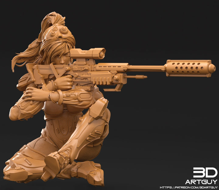 Female Sniper Sitting Pose | 28mm, 32mm Scales also 50mm and 100mm | Sci-Fi miniatures | Fan Art