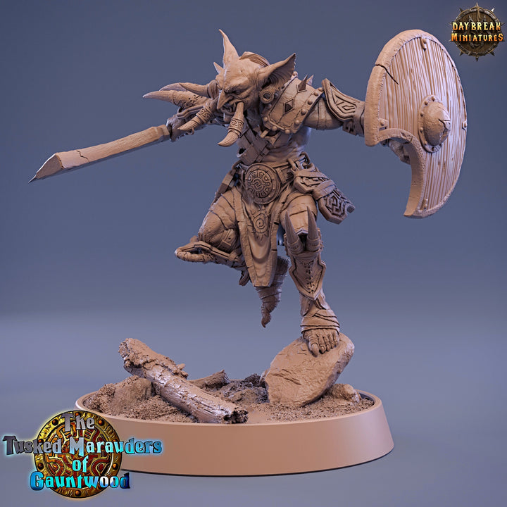 Goblin Tusked Sword &amp; Shield Fighter | DnD Miniatures | Dungeons and Dragons | 28mm, 32mm, 75mm scale| Unpainted Figure| Daybreak Miniatures