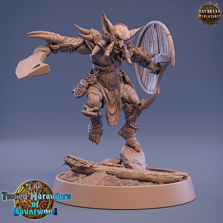 Goblin Tusked Sword &amp; Shield Fighter | DnD Miniatures | Dungeons and Dragons | 28mm, 32mm, 75mm scale| Unpainted Figure| Daybreak Miniatures