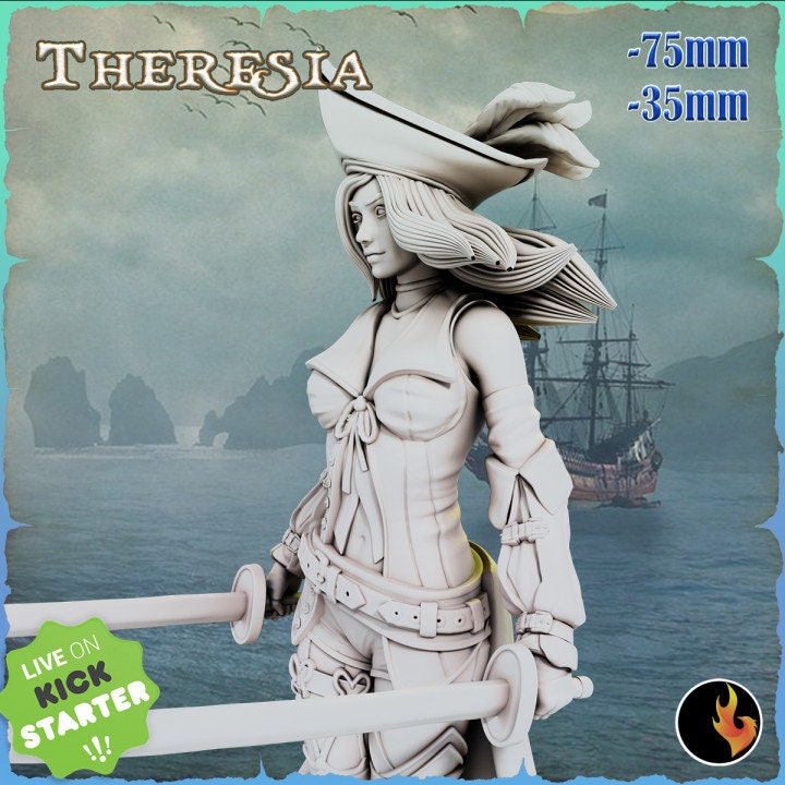 Female Pirate Gunslinger Swashbuckler Fighter Sexy Pinup | 28mm, 32mm, 75mm Scale | Dungeons and Dragons 5e Miniatures | DnD Mini |