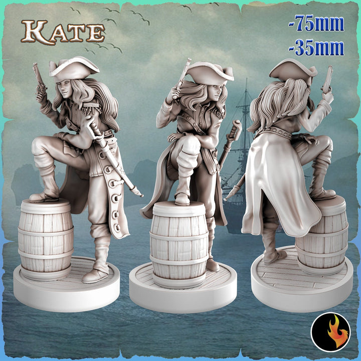 Kate Female Pirate Gunslinger Swashbuckler Fighter Sexy Pinup | 28mm, 32mm, 75mm Scale | Dungeons and Dragons 5e Miniatures | DnD Mini |