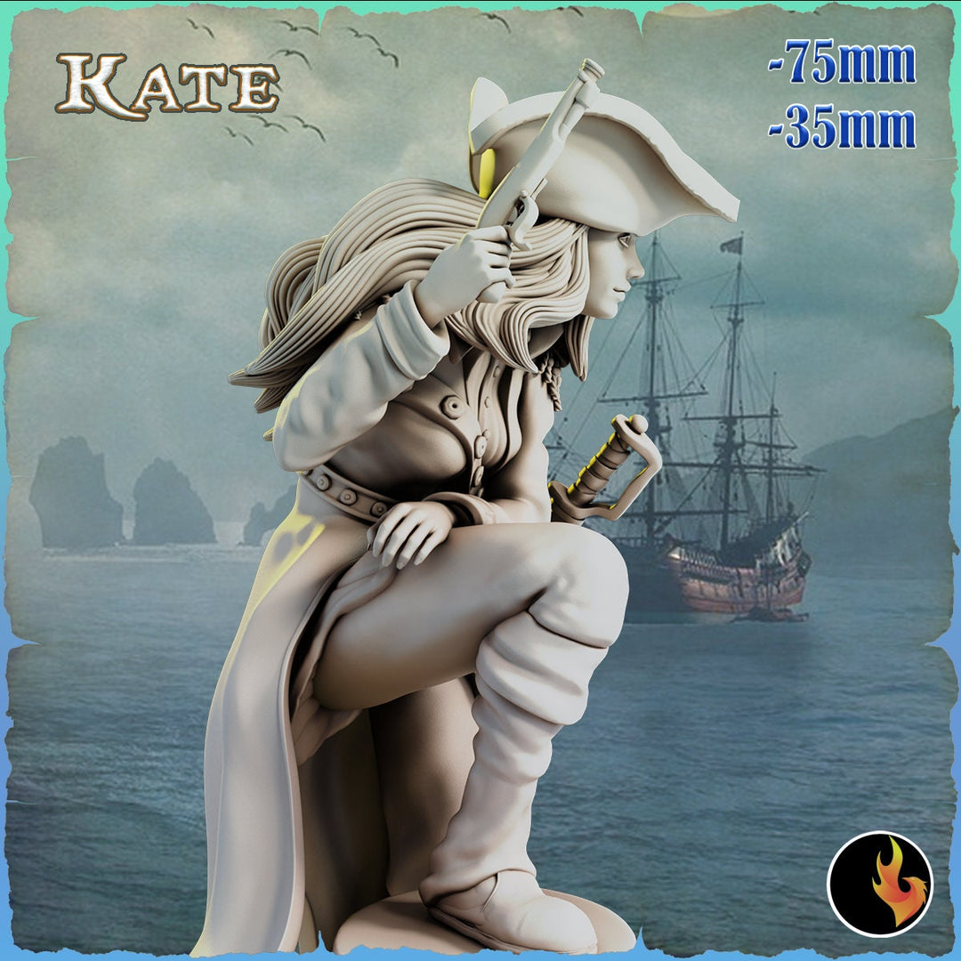 Kate Female Pirate Gunslinger Swashbuckler Fighter Sexy Pinup | 28mm, 32mm, 75mm Scale | Dungeons and Dragons 5e Miniatures | DnD Mini |