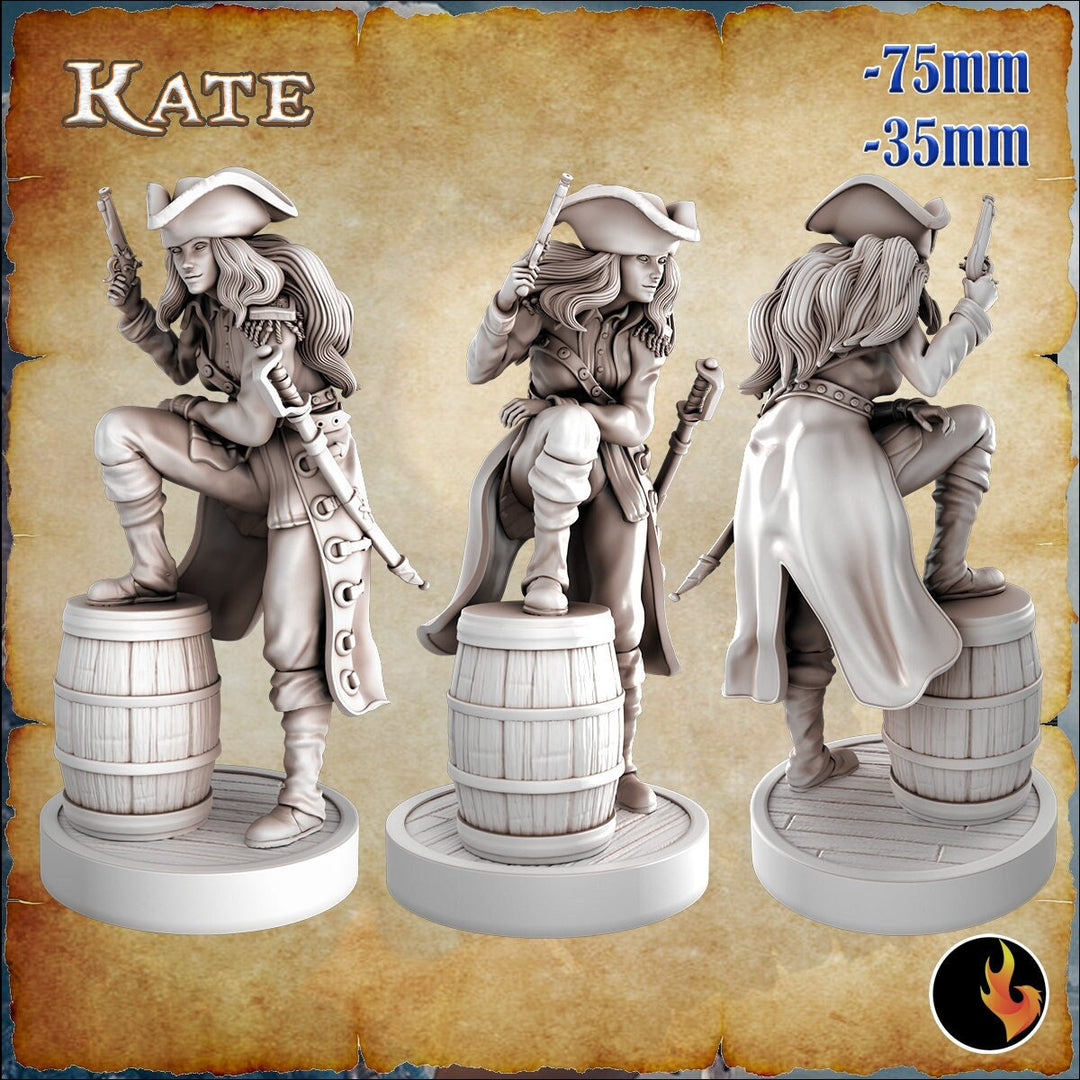 Kate Female Pirate Gunslinger Swashbuckler Fighter Sexy Pinup | 28mm, 32mm, 75mm Scale | Dungeons and Dragons 5e Miniatures | DnD Mini |