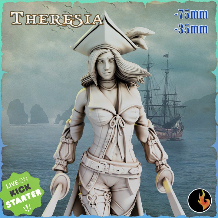 Female Pirate Gunslinger Swashbuckler Fighter Sexy Pinup | 28mm, 32mm, 75mm Scale | Dungeons and Dragons 5e Miniatures | DnD Mini |