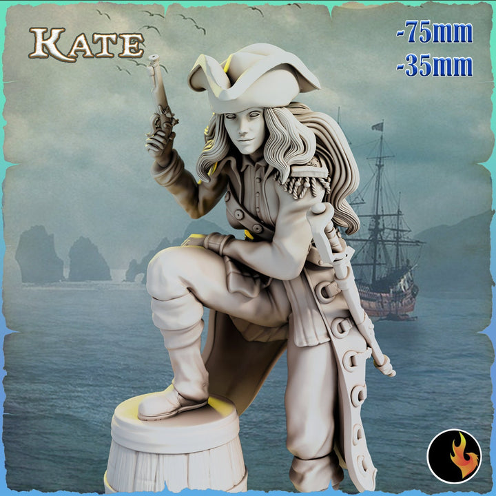 Kate Female Pirate Gunslinger Swashbuckler Fighter Sexy Pinup | 28mm, 32mm, 75mm Scale | Dungeons and Dragons 5e Miniatures | DnD Mini |