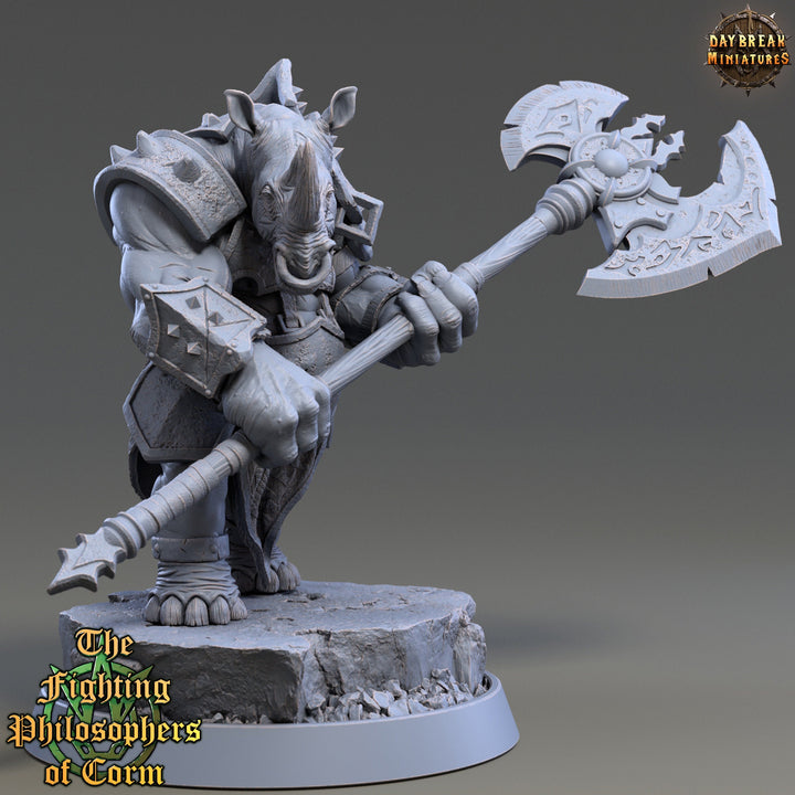 Rhinokin, Rhino-folk Warrior Scales: 28mm, 32mm,54mm,75mm | D&amp;D 5e Megaboss | Dungeons and Dragons | Pathfinder | Daybreak Miniatures