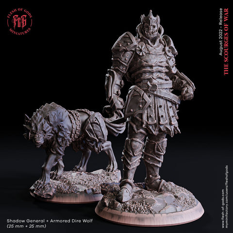 Undead Death Knight, Shadow General and Dire Wolf | 28mm, 32mm, 75mm Scale Resin Miniature | Flesh of Gods | Dungeons and Dragons |